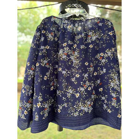 MAX STUDIO XL Navy-Blue Floral Pleated Blouse Long Bell Sleeves Boho Peasant - Picture 2 of 10
